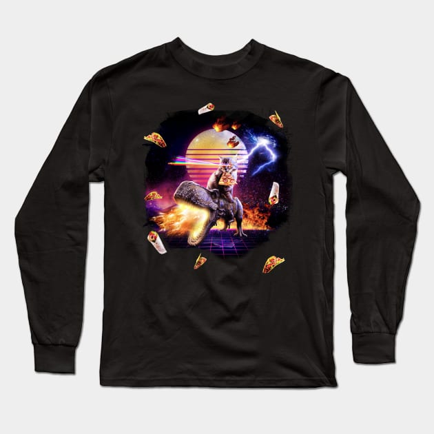 Synthwave Cat Riding Dinosaur Long Sleeve T-Shirt by Random Galaxy